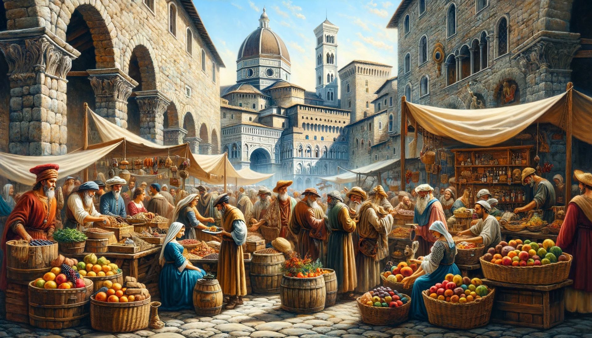 Un marché médiéval génois animé, où les marchands vendaient des épices des Indes orientales et divers autres produits.