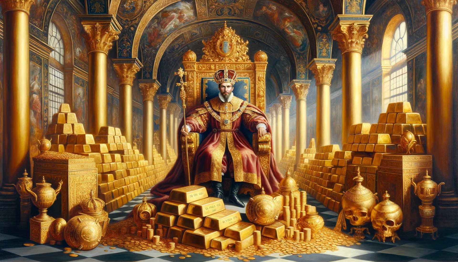 A monarch surrounded by abundant reserves of gold. At a time when gold was the main indicator of wealth, every monarch wanted more and more of it.
