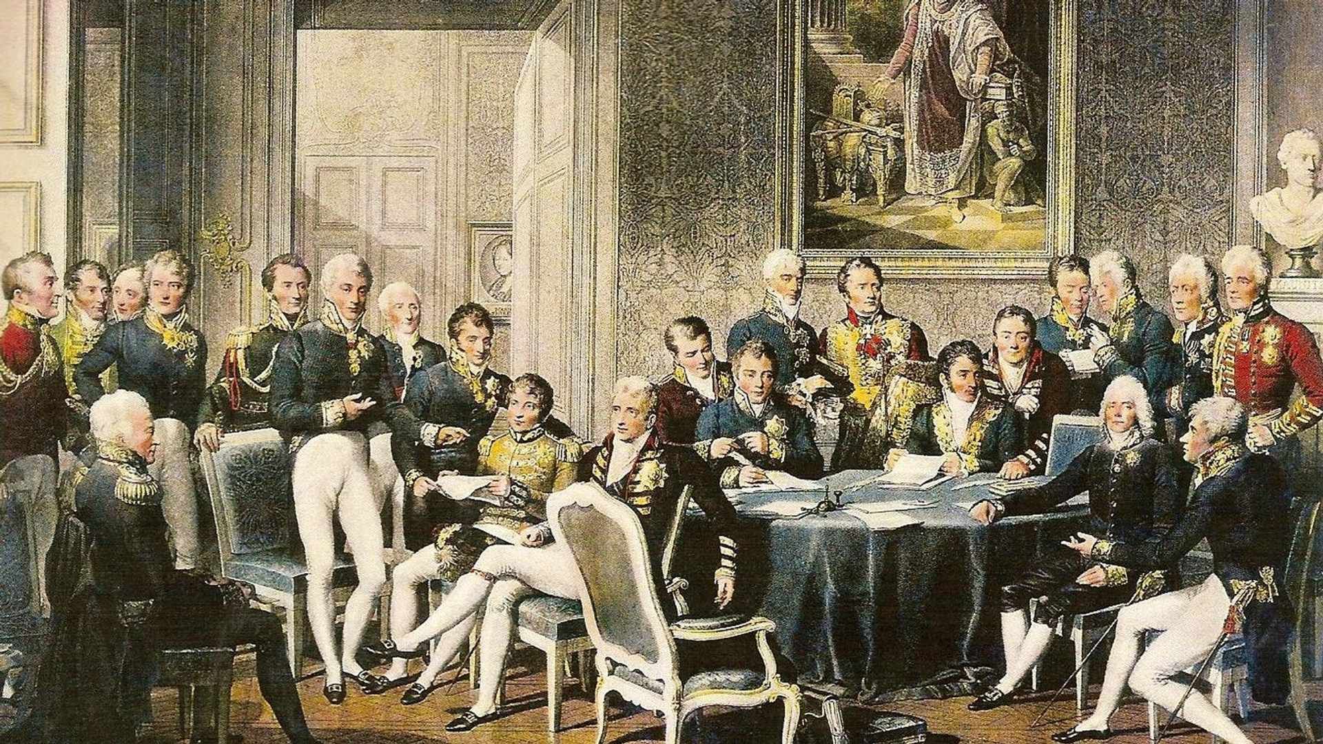 Delegados das potências europeias em discussões políticas no Congresso de Viena, numa gravura de Jean-Baptiste Isabey.