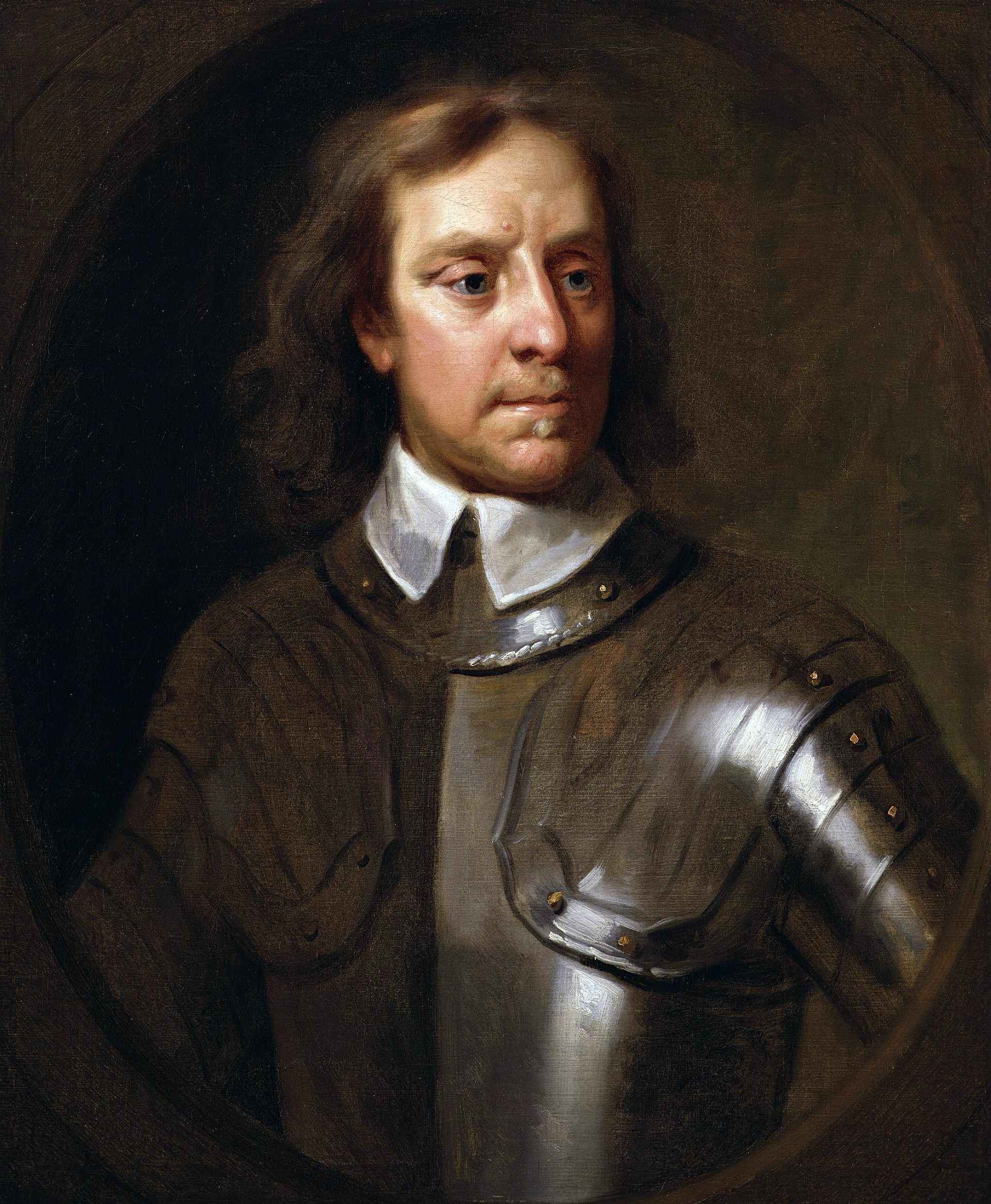 A portrait of a man with a solemn expression, featuring a 17th-century hairstyle with shoulder-length curls parting in the middle. He has a prominent nose, a small mouth, and wears a plain white collar over a dark, armoured outfit with a rounded shoulder plate reflecting light, indicating a metallic surface. The background is plain and dark, focusing attention on the subject. The painting style is realistic with fine details, particularly on the facial features and the texture of the armour.