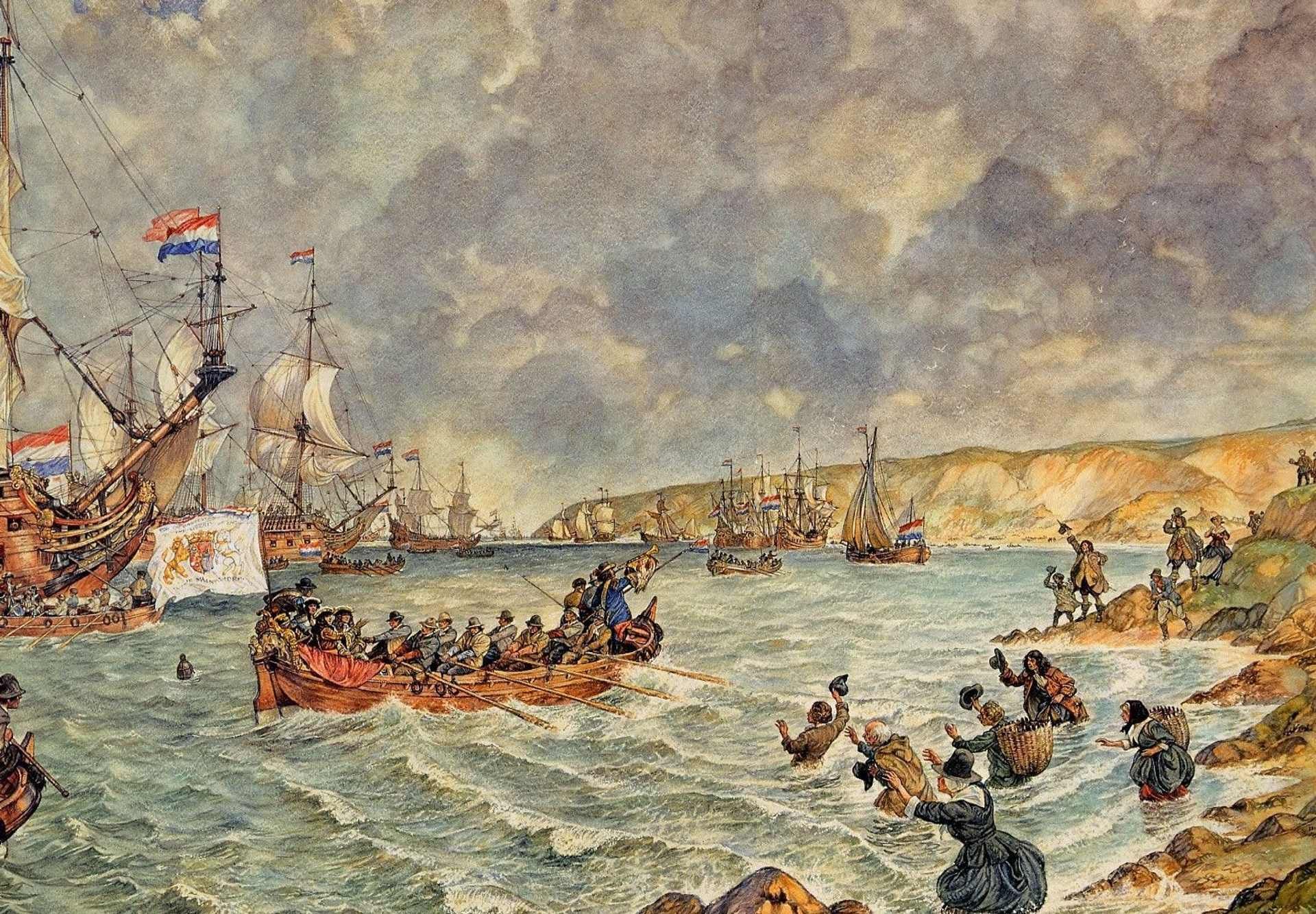 This is a vibrant historical painting depicting the landing of William of Orange in England. The scene is bustling with activity and set against a backdrop of a cloudy sky and distant cliffs. Multiple sailing ships adorned with flags are anchored near the shore. In the foreground, a prominent boat filled with soldiers and a flag bearing a coat of arms approaches the beach. Other small boats are also making their way to land. Figures onshore, some on horseback, are actively welcoming the newcomers. The choppy waters of the sea and the dynamic poses of the people suggest the urgency and importance of the event. The artwork captures a significant moment with a sense of movement and anticipation.