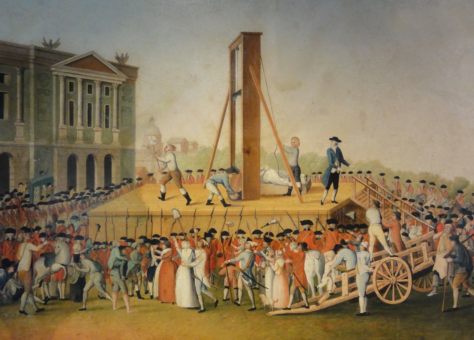 This historical painting depicts the execution of Marie Antoinette during the French Revolution. The scene is set in a public square, teeming with spectators and soldiers. In the center stands a wooden guillotine, its blade poised high against a hazy sky. Marie Antoinette, in a simple white dress, is portrayed at the moment before her execution, her regal bearing still evident despite her circumstances. She is surrounded by executioners and guards, some of whom are holding her down while others prepare the instrument of death. The crowd, a mix of civilians and military personnel, watches with a range of emotions. Some show signs of distress, while others appear impassive. The background features classical buildings, hinting at the Parisian setting. The overall mood of the painting is somber, capturing a notorious and grim moment in history.