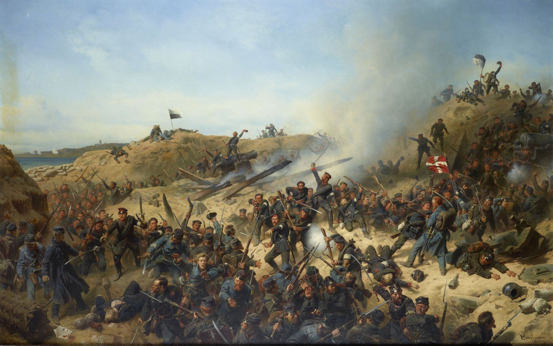 This dynamic oil painting depicts a scene from the Second Schleswig War. It portrays an intense battle scene with soldiers engaged in combat. The soldiers, wearing various uniforms indicating different regiments, are shown advancing through a sandy embankment towards an enemy position. The foreground is filled with infantry soldiers armed with rifles and bayonets, some in the heat of battle, others fallen. The smoke from gunfire partially obscures the background, where flags are being raised amid the fight. The dramatic sky above suggests the chaos of the battle. Details such as facial expressions, the movement of soldiers, and scattered war equipment on the ground contribute to the vivid representation of 19th-century warfare in this painting.