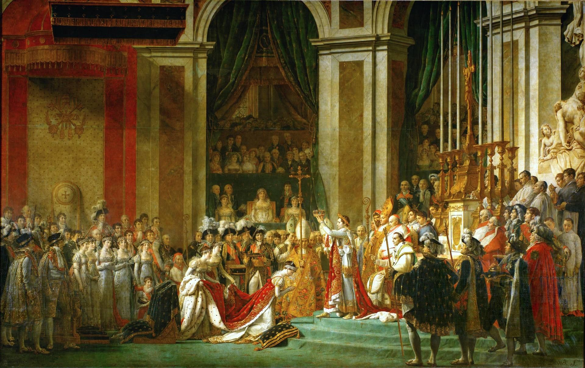 A coroação de Napoleão como Imperador dos Franceses, representada por Jacques-Louis David e Georges Rouget.