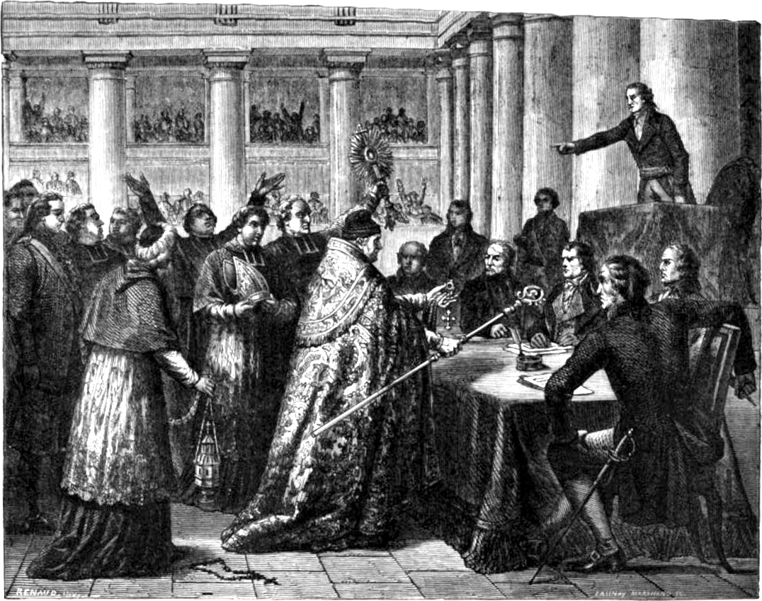 Clérigos franceses prestando juramento ao governo civil, conforme exigido pelo Concordato de 1801.